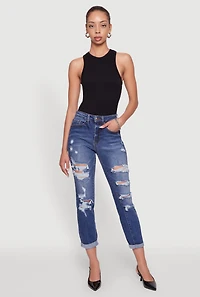 Womens WAX Distressed Boyfriend Jeans, Blue,
