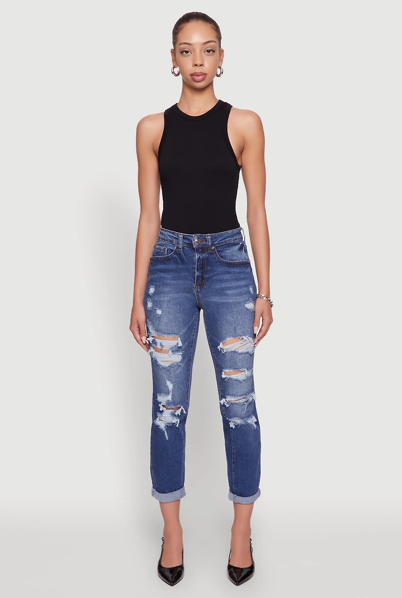 Womens WAX Distressed Boyfriend Jeans, Blue,