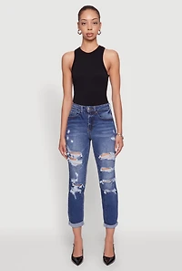 Womens WAX Distressed Boyfriend Jeans, Blue,