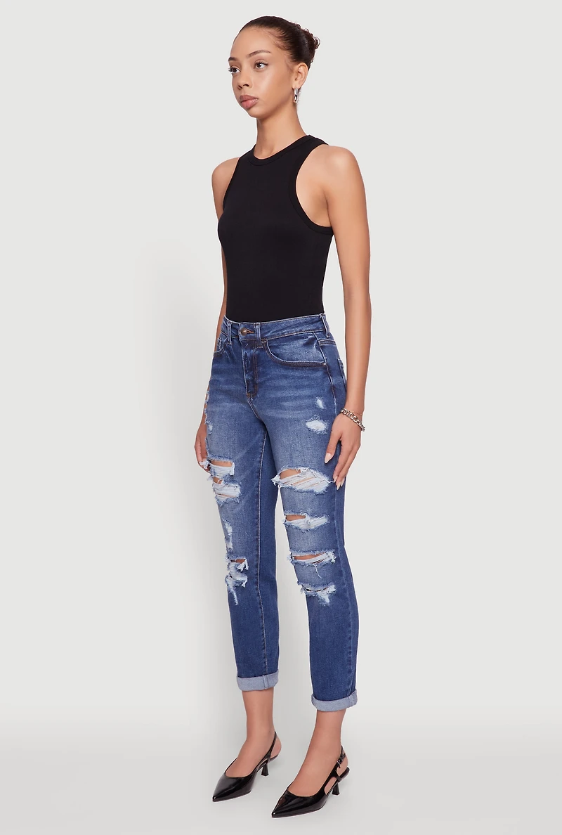 Womens WAX Distressed Boyfriend Jeans, Blue,