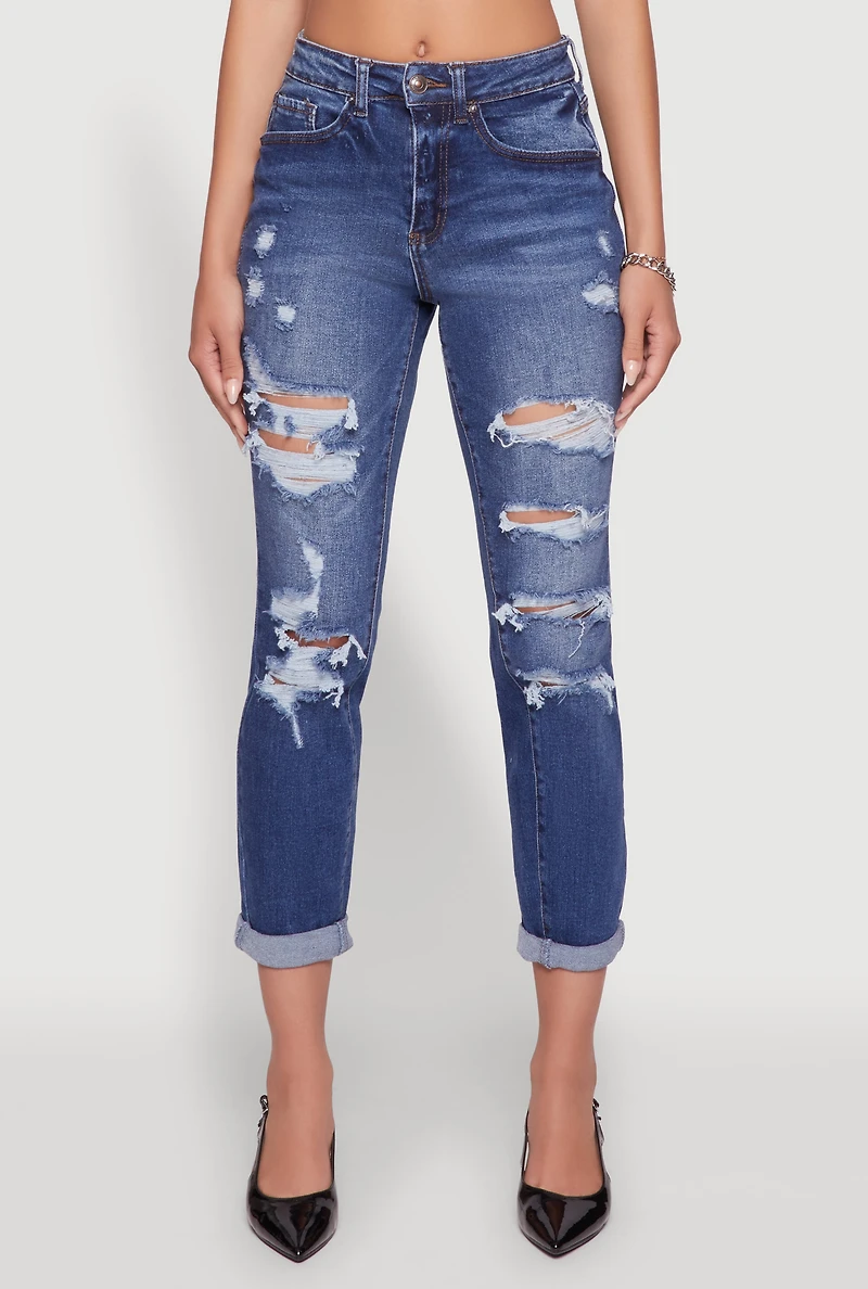 Womens WAX Distressed Boyfriend Jeans, Blue,