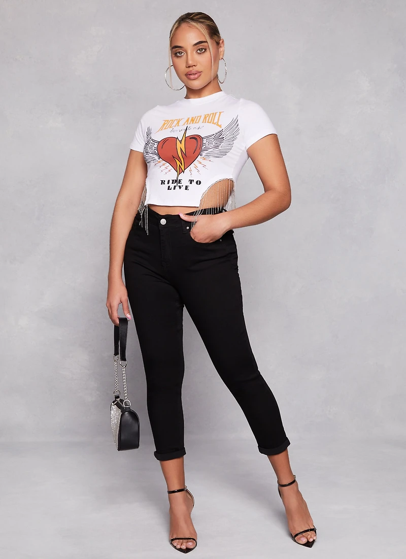 Womens WAX High Waist Rolled Cuff Denim Jeans,