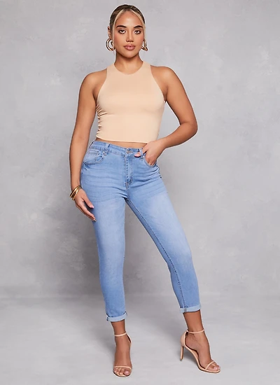 Womens WAX High Waist Rolled Cuff Denim Jeans, Blue,