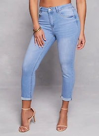 Womens WAX High Waist Rolled Cuff Denim Jeans, Blue,