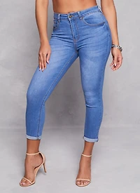 Womens WAX High Waist Rolled Cuff Denim Jeans, Blue,