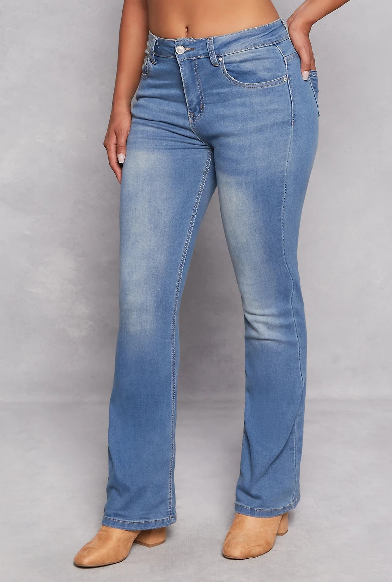 Womens WAX Acid Wash High Waisted Boot Cut Jeans, Blue, Size 1