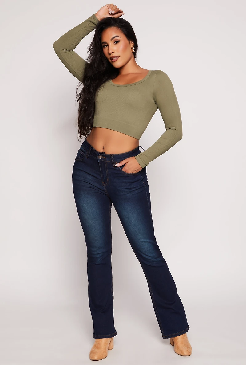 Womens WAX Acid Wash High Waisted Boot Cut Jeans, Blue,