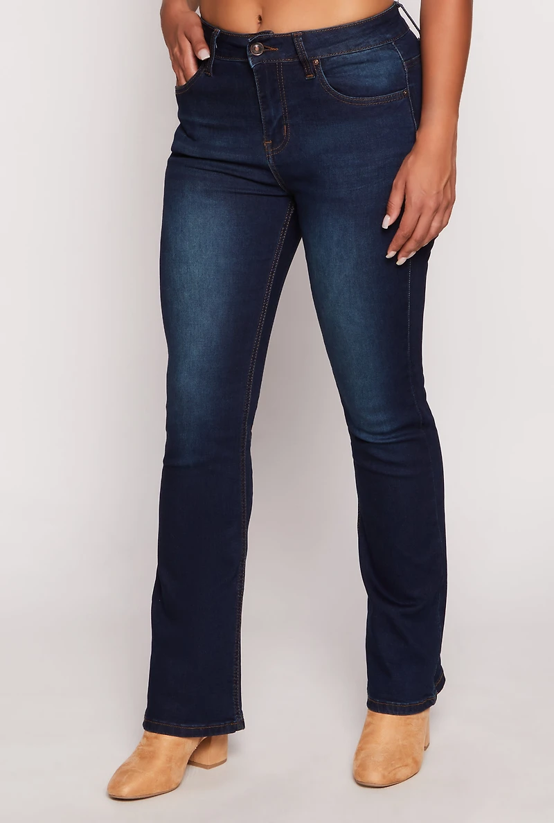 Womens WAX Acid Wash High Waisted Boot Cut Jeans, Blue,