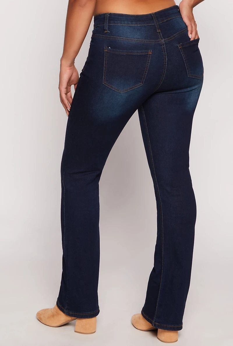 Womens WAX Acid Wash High Waisted Boot Cut Jeans, Blue,