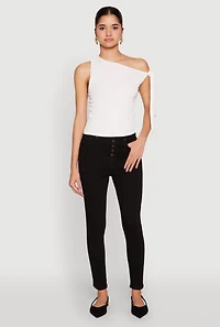 Womens WAX Button Fly Skinny Jeans, Black,