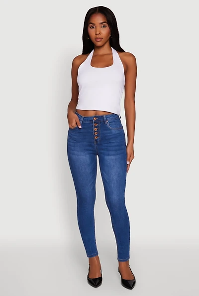 Womens WAX Button Fly Skinny Jeans, Blue,