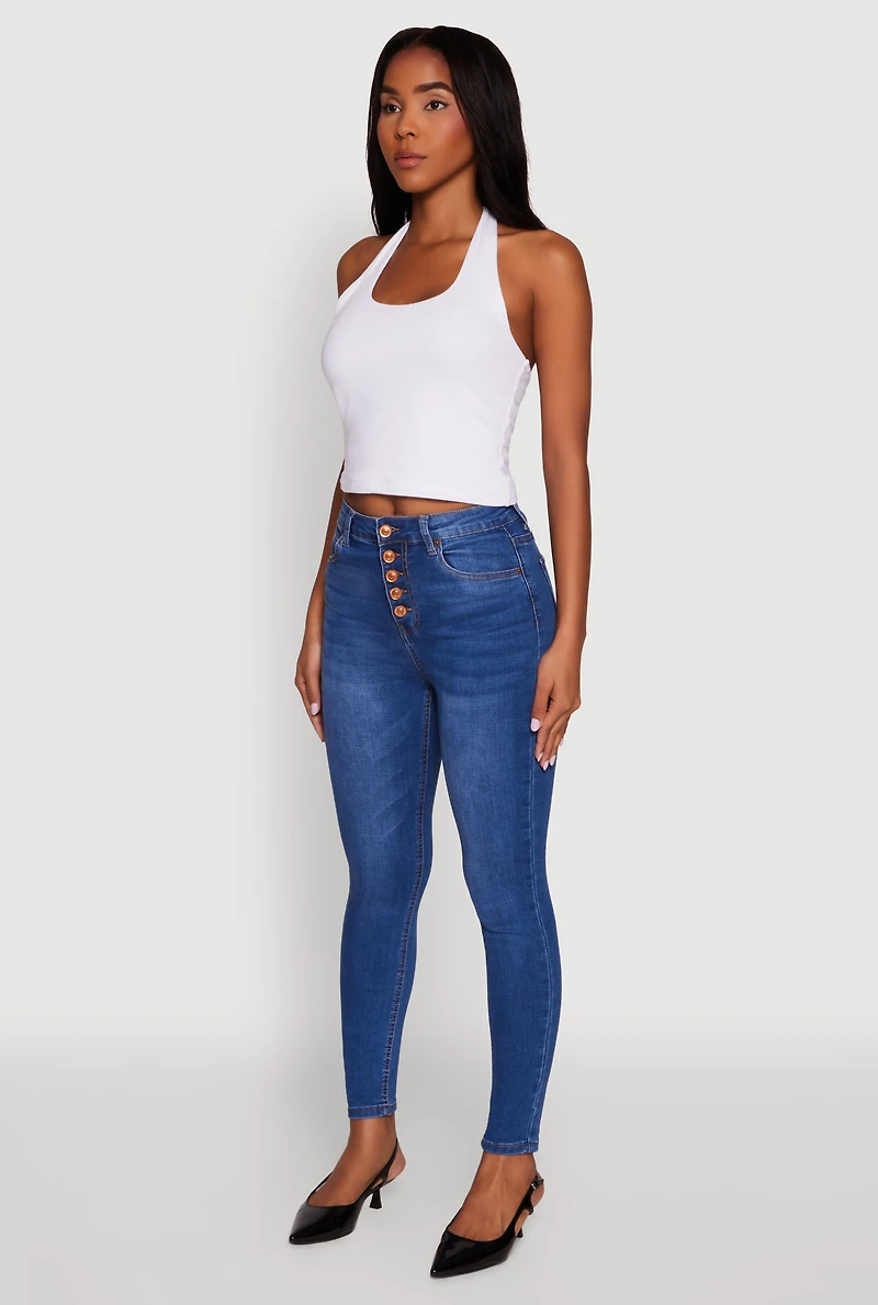 Womens WAX Button Fly Skinny Jeans, Blue, Size 7