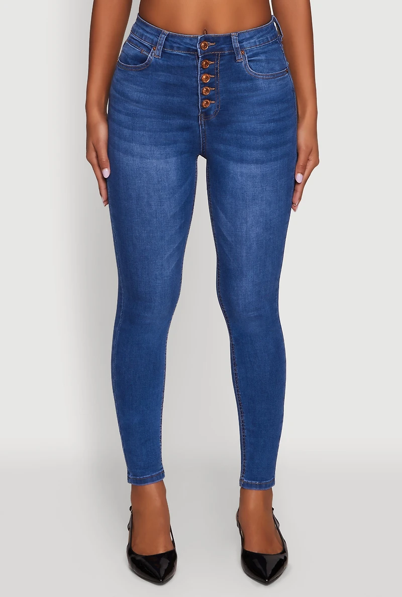 Womens WAX Button Fly Skinny Jeans, Blue, Size 7
