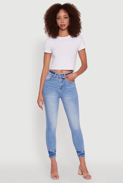 Womens WAX Crinkle Hem Whiskered Skinny Jeans, Blue,