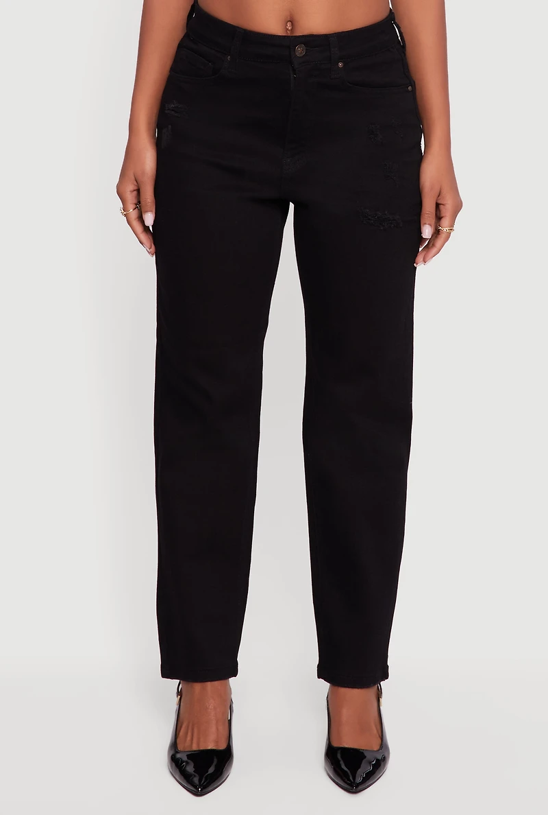 Womens WAX Distressed Frayed Straight Leg Jeans, Black,