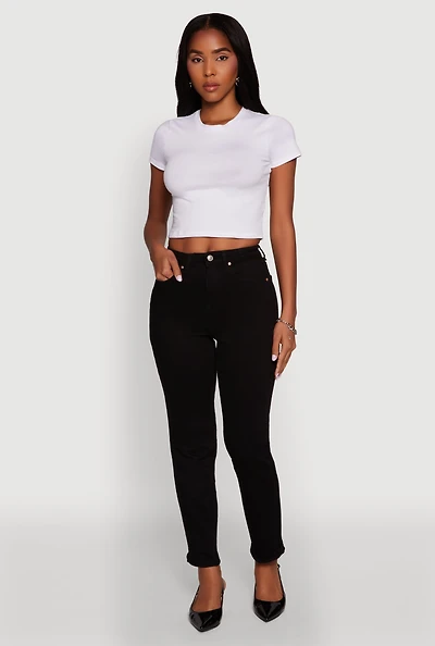 Womens WAX Stretch Rolled Cuff Mid Rise Mom Jeans, Black, Size 11