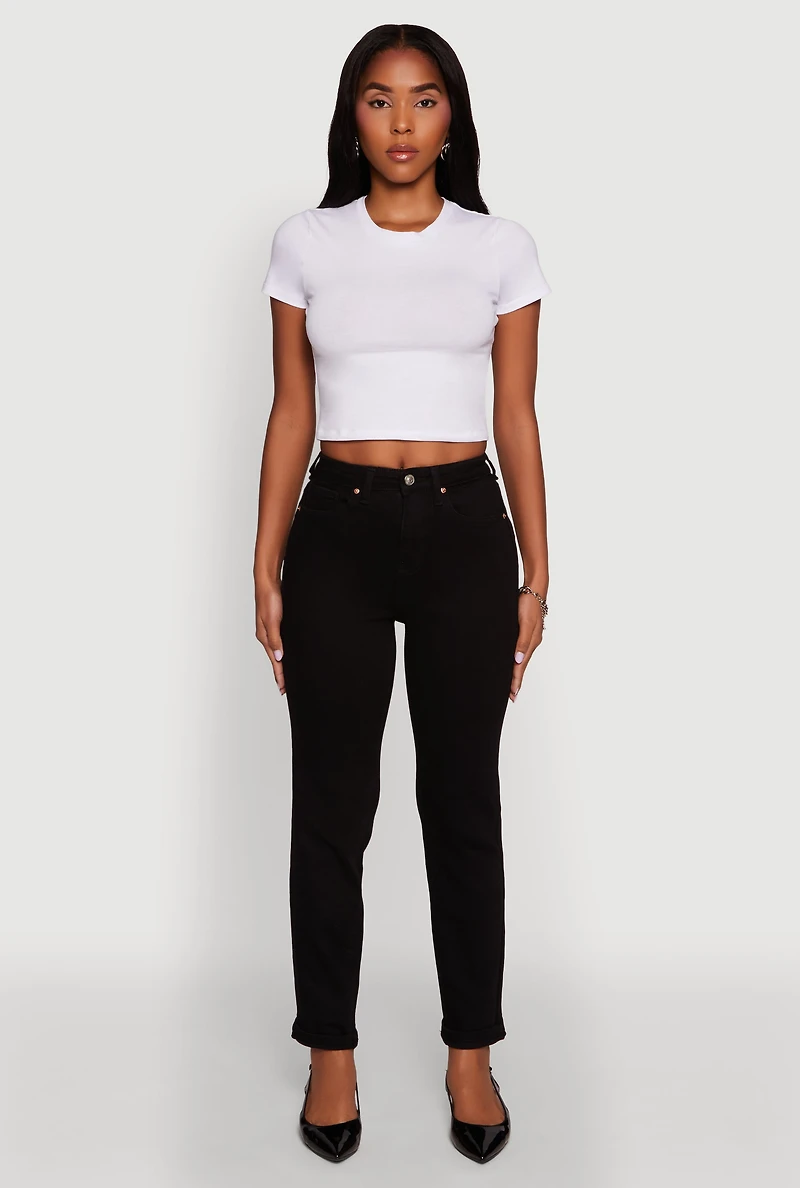 Womens WAX Stretch Rolled Cuff Mid Rise Mom Jeans, Black, Size 11