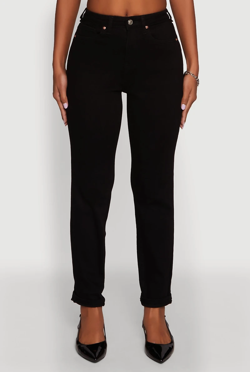 Womens WAX Stretch Rolled Cuff Mid Rise Mom Jeans, Black, Size 5