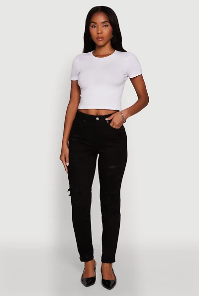 Womens WAX Stretch Mid Rise Distressed Skinny Jeans, Black, Size 0