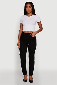 Womens WAX Stretch Mid Rise Distressed Skinny Jeans, Black, Size 0