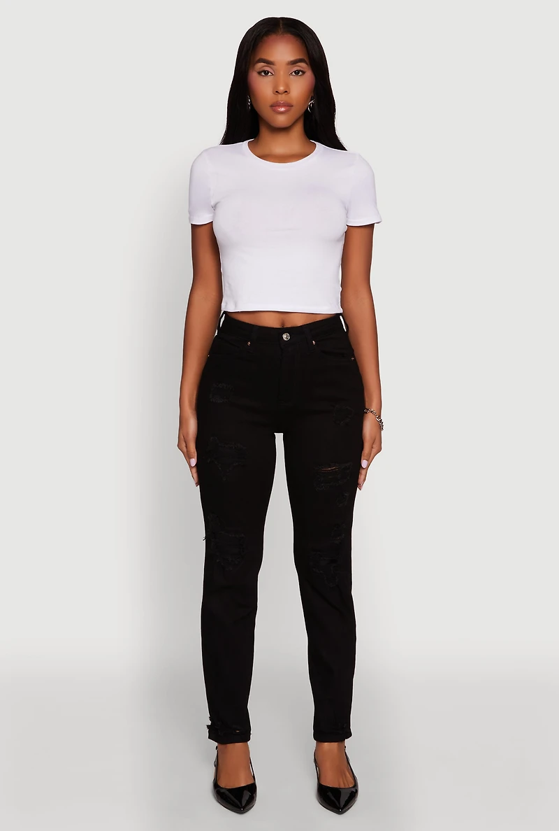 Womens WAX Stretch Mid Rise Distressed Skinny Jeans, Black, Size 0