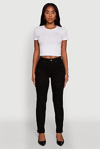 Womens WAX Stretch Mid Rise Distressed Skinny Jeans, Black, Size 0