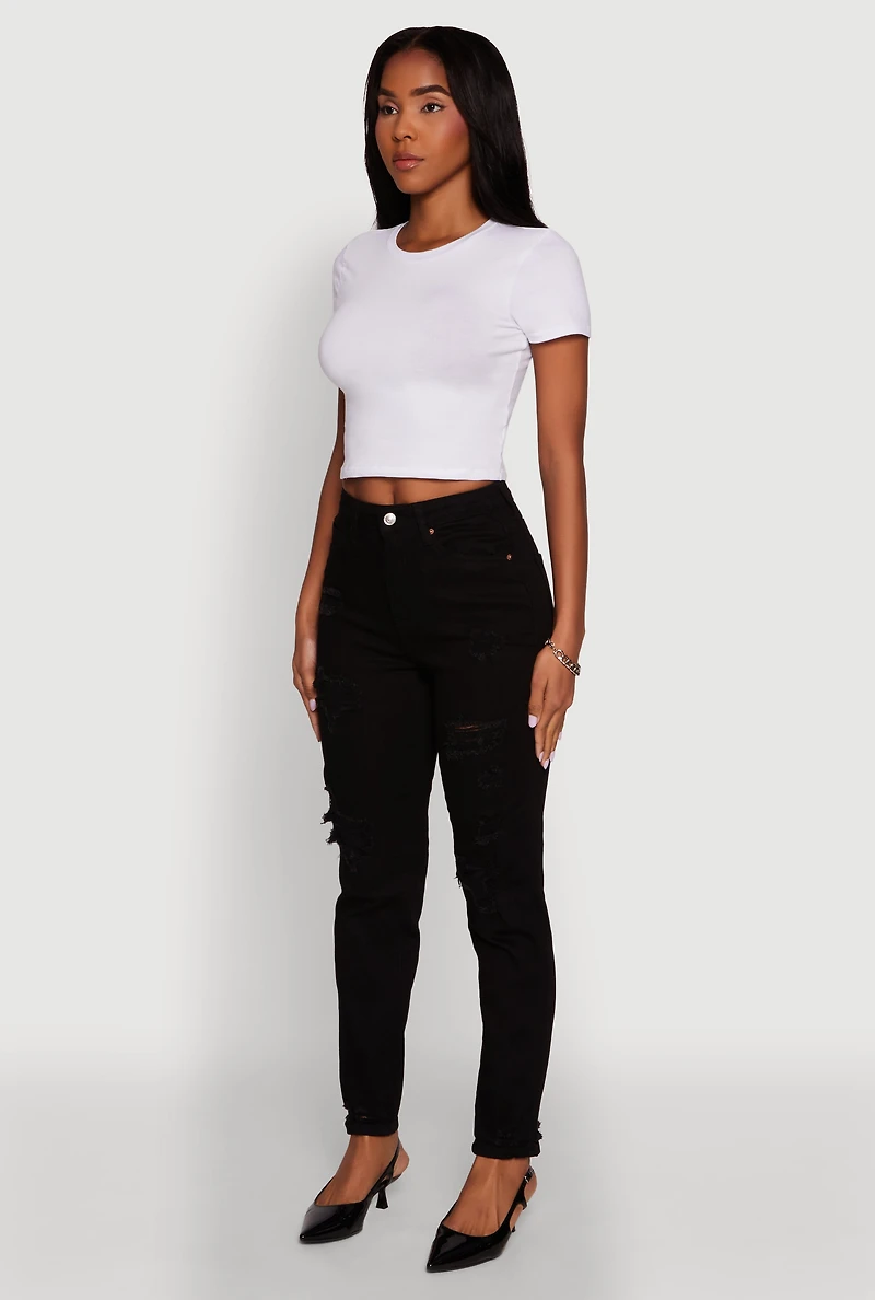 Womens WAX Stretch Mid Rise Distressed Skinny Jeans, Black, Size 0