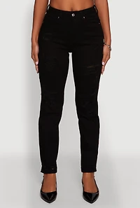 Womens WAX Stretch Mid Rise Distressed Skinny Jeans, Black,