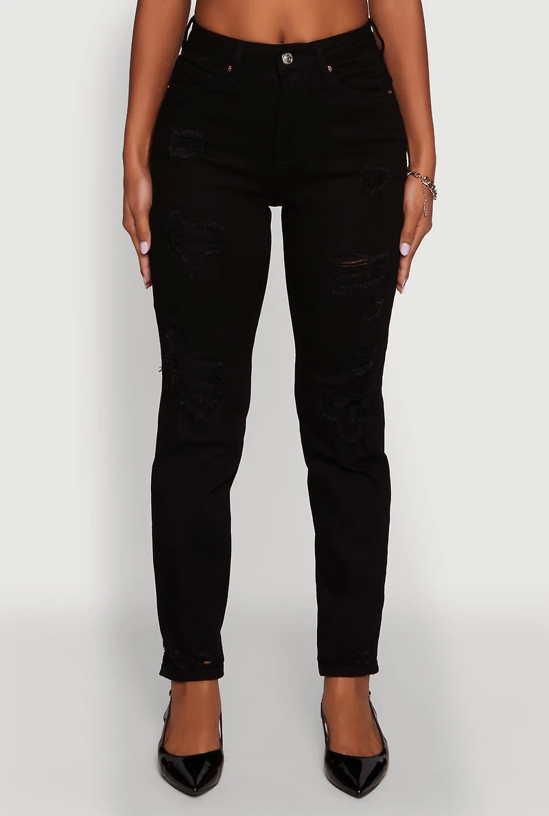 Womens WAX Stretch Mid Rise Distressed Skinny Jeans, Black, Size 11