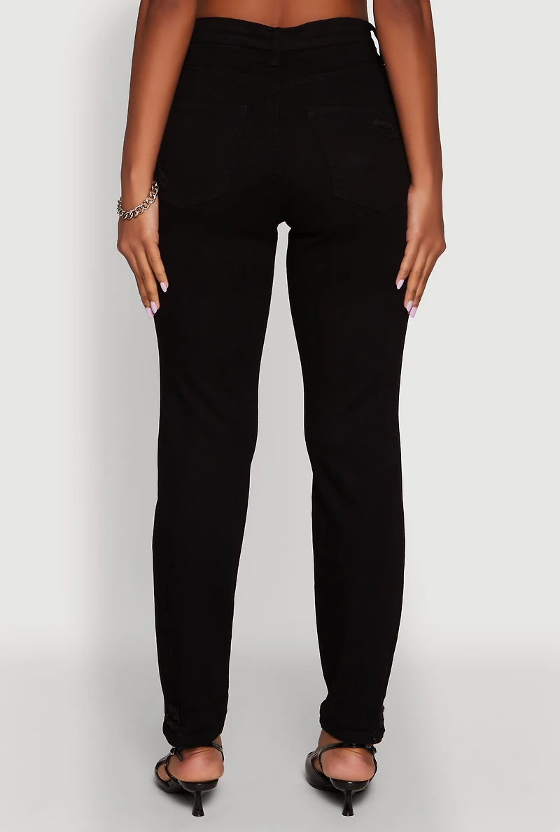 Womens WAX Stretch Mid Rise Distressed Skinny Jeans, Black, Size 0