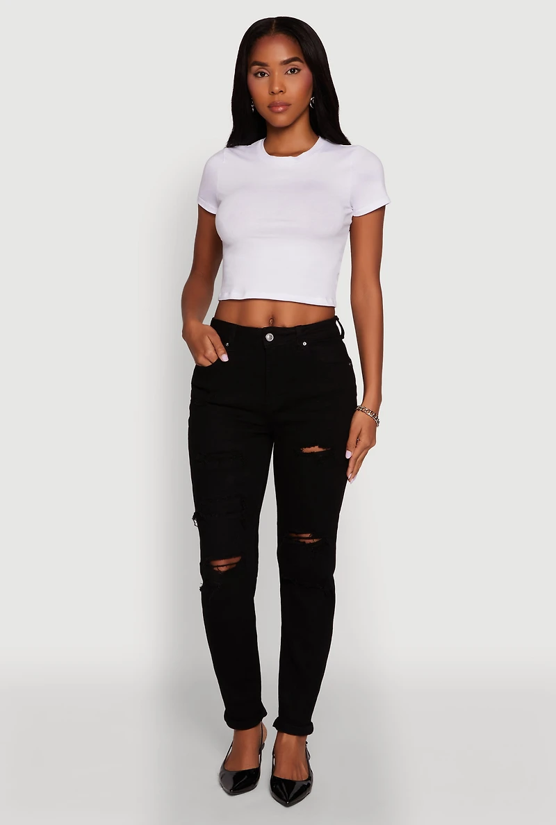 Womens Trendy Mid Rise Distressed Boyfriend Jeans, Black, Size 5