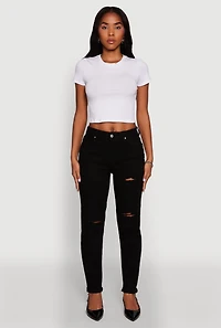 Womens Trendy Mid Rise Distressed Boyfriend Jeans, Black, Size 5