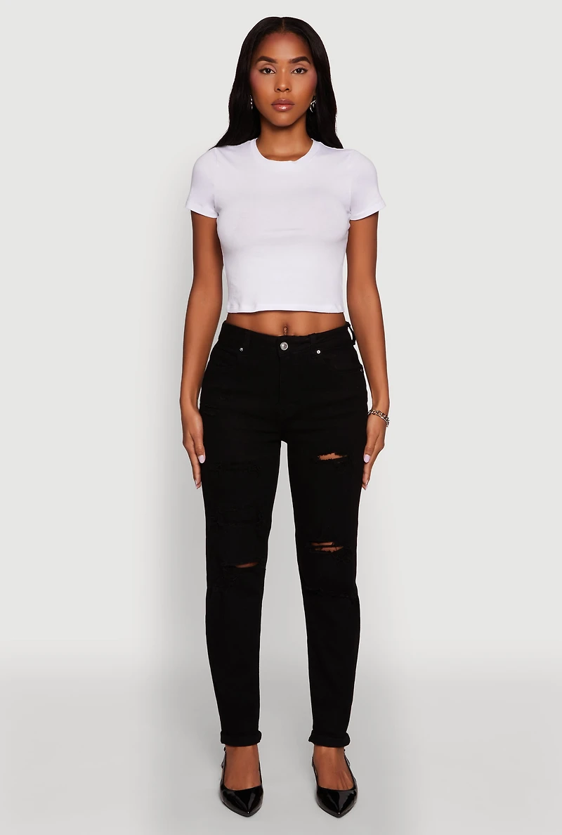 Womens Trendy Mid Rise Distressed Boyfriend Jeans, Black, Size 9