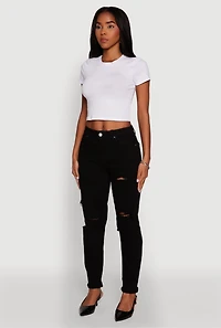 Womens Trendy Mid Rise Distressed Boyfriend Jeans, Black, Size 5