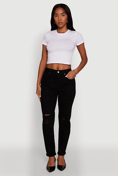 Womens WAX Mid Rise Boyfriend Cut Distressed Jeans,