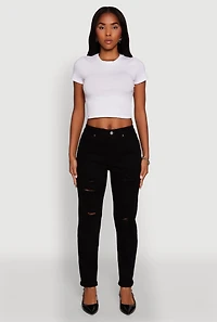 Womens WAX Mid Rise Boyfriend Cut Distressed Jeans,