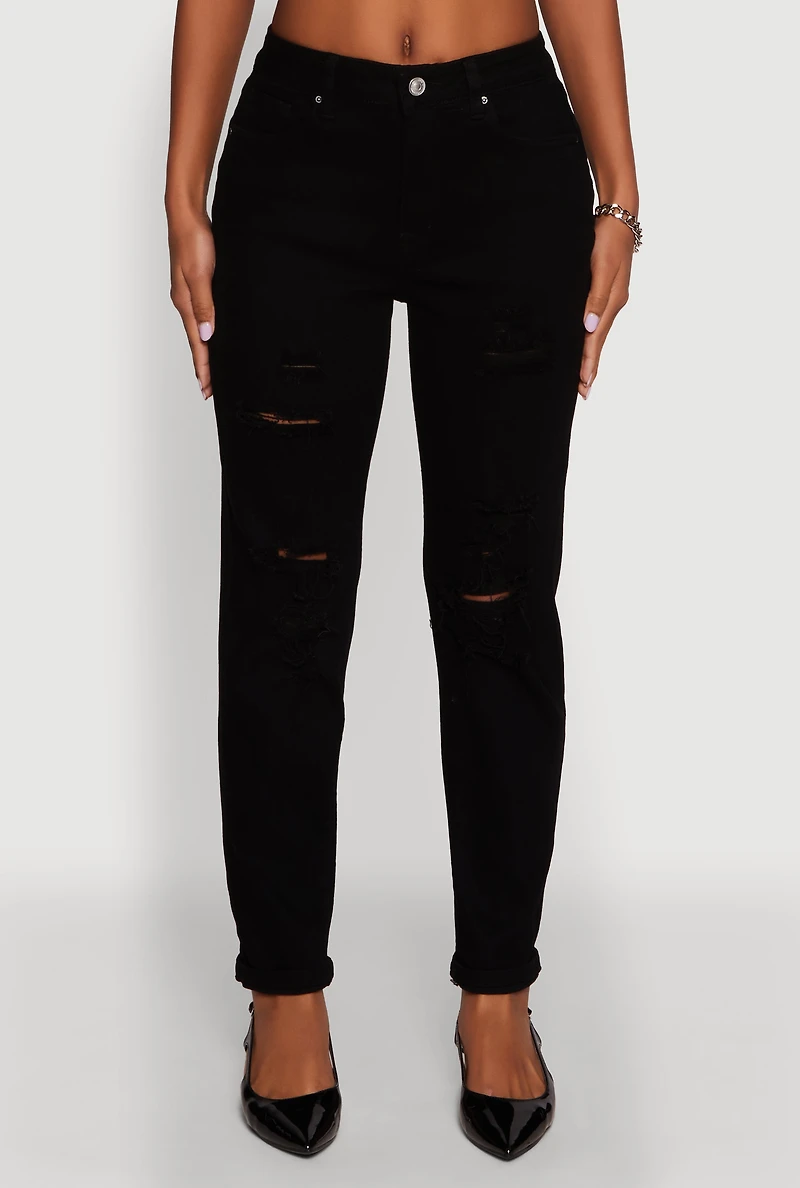 Womens WAX Mid Rise Boyfriend Cut Distressed Jeans,