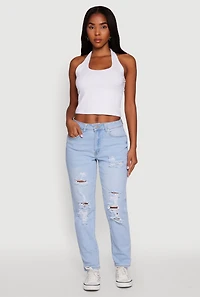 Womens WAX Mid Rise Boyfriend Cut Distressed Jeans, Blue,