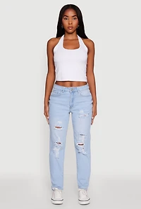 Womens WAX Mid Rise Boyfriend Cut Distressed Jeans, Blue,