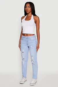 Womens WAX Mid Rise Boyfriend Cut Distressed Jeans, Blue,
