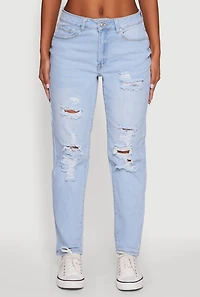 Womens WAX Mid Rise Boyfriend Cut Distressed Jeans, Blue,