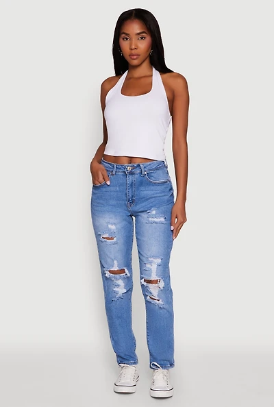 Womens WAX Mid Rise Boyfriend Cut Distressed Jeans, Blue,