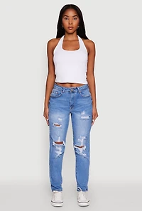 Womens WAX Mid Rise Boyfriend Cut Distressed Jeans, Blue,