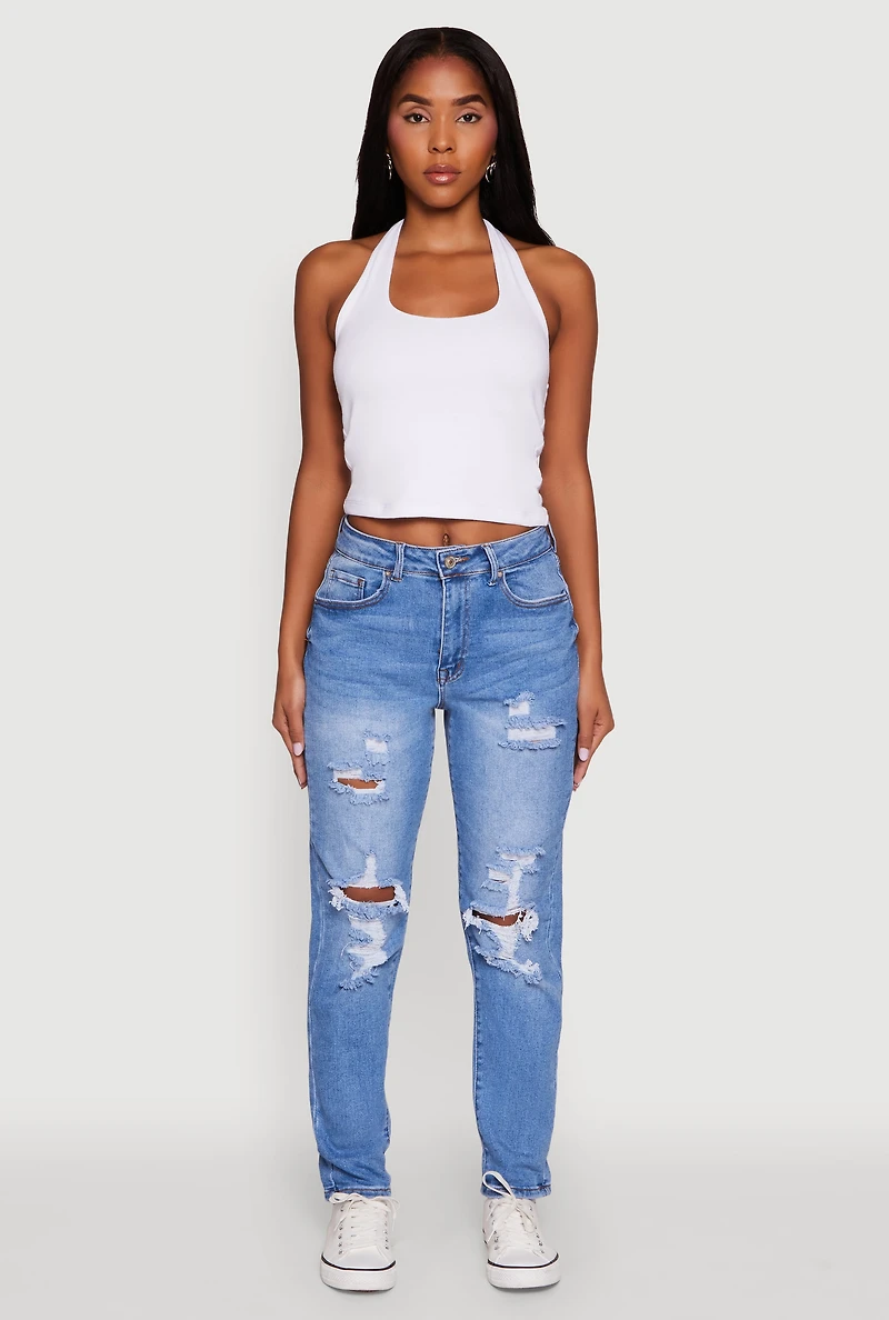 Womens WAX Mid Rise Boyfriend Cut Distressed Jeans, Blue,