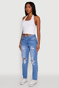 Womens WAX Mid Rise Boyfriend Cut Distressed Jeans, Blue,