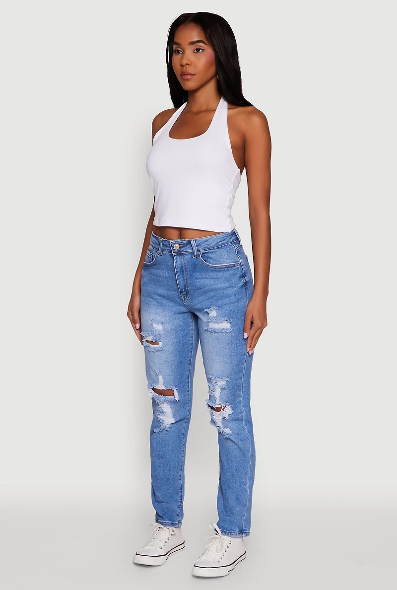 Womens WAX Mid Rise Boyfriend Cut Distressed Jeans, Blue,