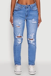 Womens WAX Mid Rise Boyfriend Cut Distressed Jeans, Blue,