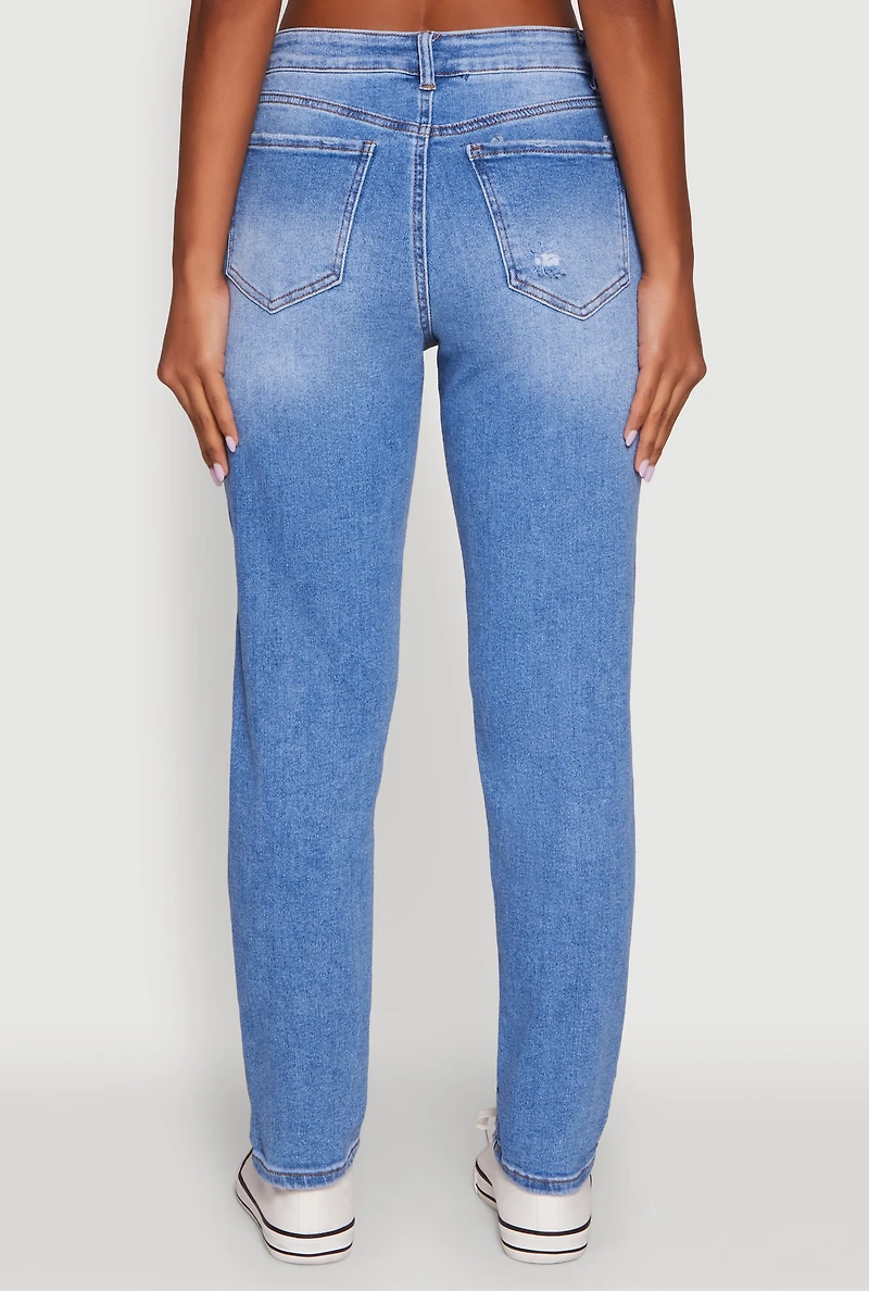Womens WAX Mid Rise Boyfriend Cut Distressed Jeans, Blue,