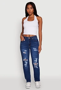 Womens WAX Mid Rise Boyfriend Cut Distressed Jeans, Blue,