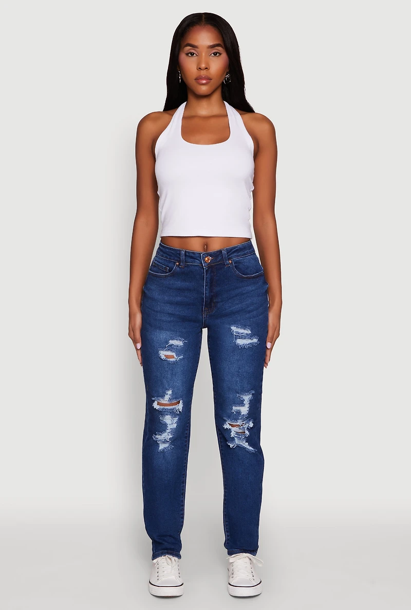 Womens WAX Mid Rise Boyfriend Cut Distressed Jeans, Blue,